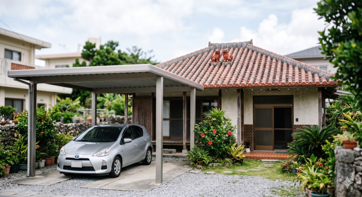 Aluminum carport in front of an Okinawa house