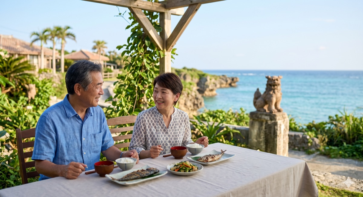 Retired couple walking along Okinawa coastline