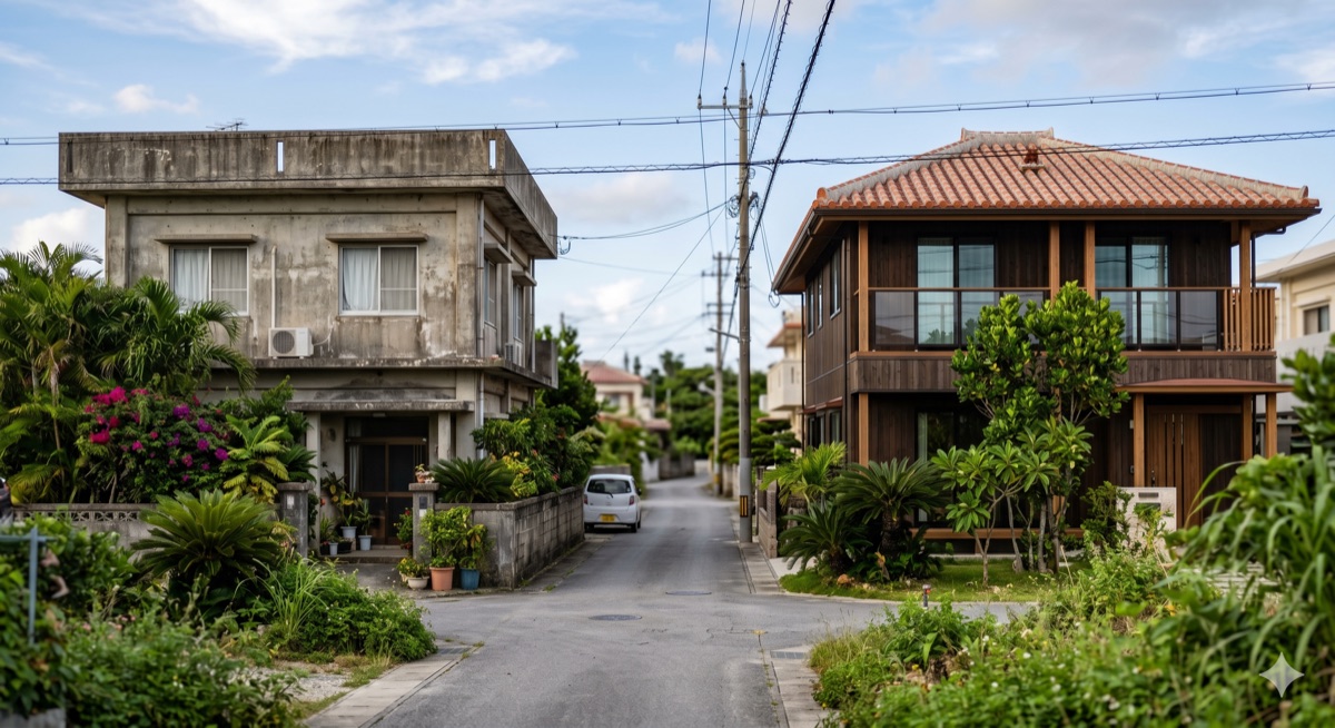Concrete and wooden houses side by side in Okinawa